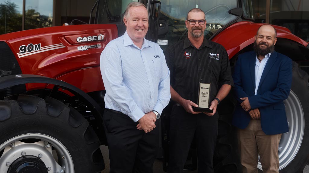 Flexi-Coil Dealer of the Year 2025 - Rocky River Ag. Lynton Smart (Rocky River Ag) proudly accepted the award at the CNH Awards evening this week. Pictured alongside Flexi-Coil representatives James Travis and Andrew Kissel (CNH).