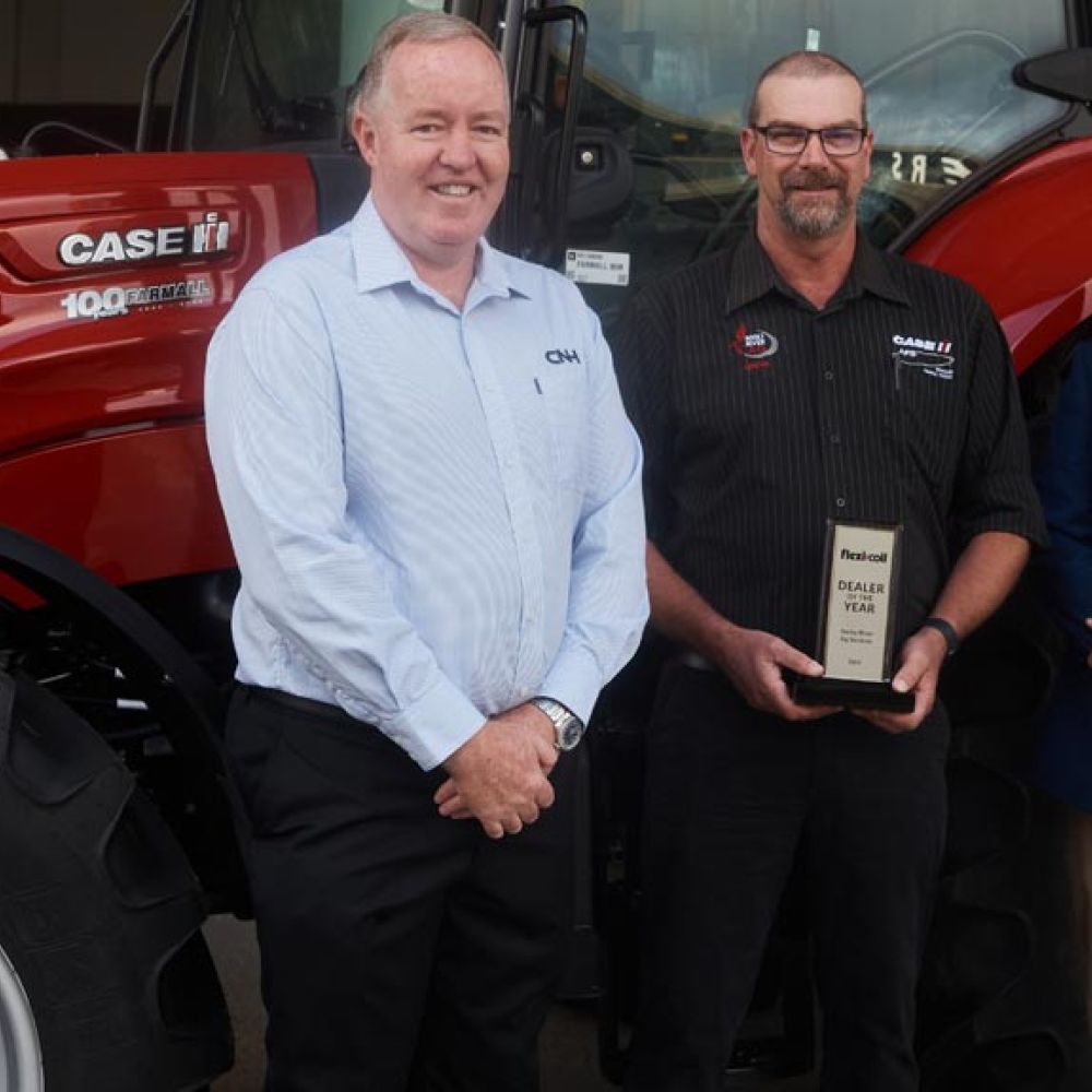 Flexi-Coil Dealer of the Year 2025 - Rocky River Ag. Lynton Smart (Rocky River Ag) proudly accepted the award at the CNH Awards evening this week. Pictured alongside Flexi-Coil representatives James Travis and Andrew Kissel (CNH).
